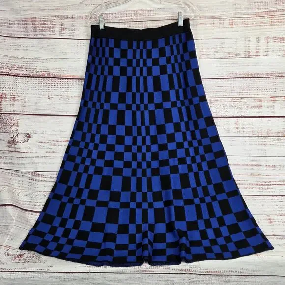 Future Collective Stretch Aline Midi Skirt M Black Blue Check Plaid Party NWT - Picture 3 of 12